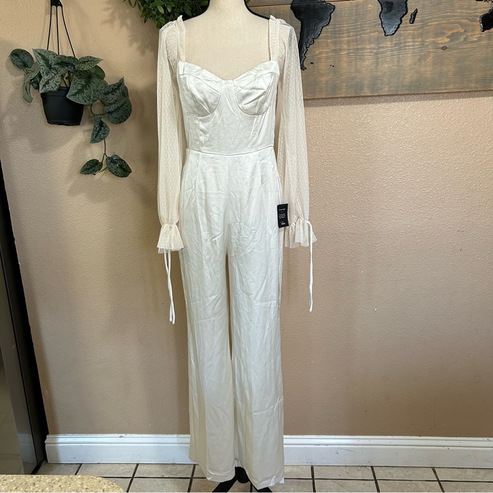 NWOT Lulus Gracefully Modern Ivory Satin Mesh Long Sleeve Bustier Jumpsuit - Picture 2 of 8
